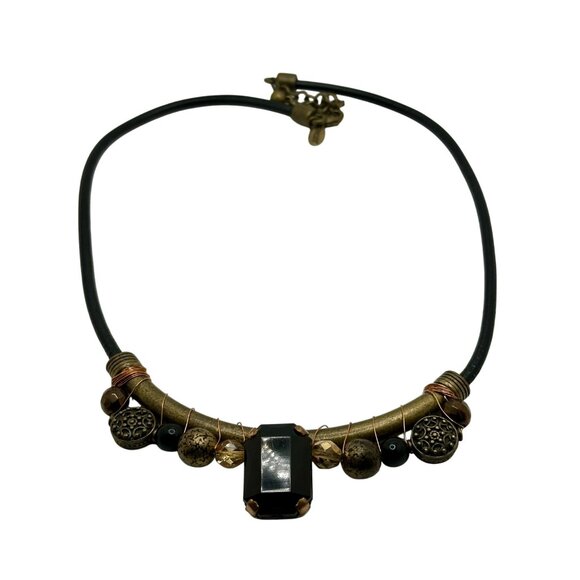 Chico's Necklace Jewlery Statement 22" Vintage Brass Tone Black Stone Corded - Picture 5 of 11